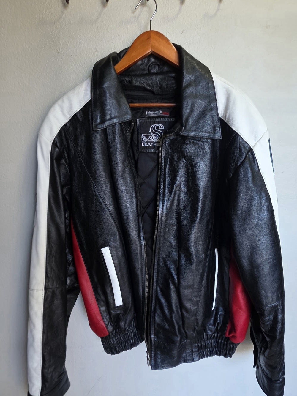 Biker's Leather Insulated Jacket With American Flag, Size XXL Like New 90s